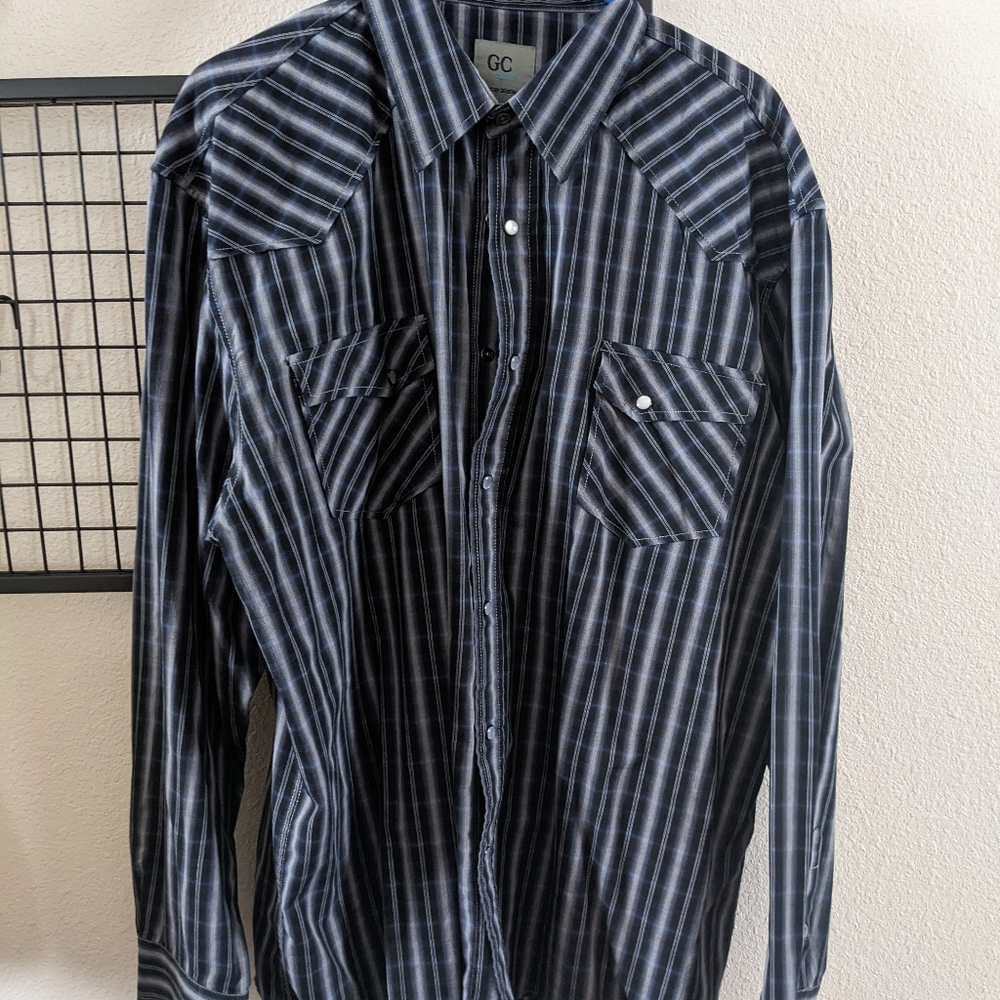Men's GC Blue Dress Shirt Dark Navy and Grey with Pearl Snaps